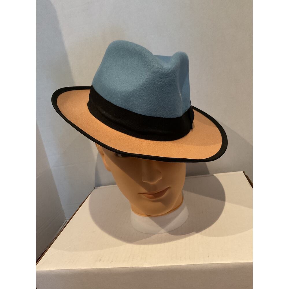 Belly Hat - Duke -Two Tone Felted Fedora - Powder Blue/Camel w/Black Trim - M/F